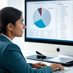 A professional female mental health specialist, fully clothed in a modest business suit, sitting thoughtfully at a clean, modern desk in a well-lit, contemporary office. She is looking at a computer monitor displaying abstract, professional data visualizations related to psychological research. The background is softly blurred, maintaining a focused and professional atmosphere. Professional photography, high-resolution, crisp focus, cinematic lighting, safe for work, appropriate content, perfect anatomy, correct proportions, natural pose, well-formed hands, proper finger count, natural body proportions, family-friendly.
