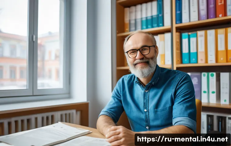 정신건강 전문가 취업 기회 - A professional clinical psychologist in a modern Russian medical clinic setting, sitting comfortably...