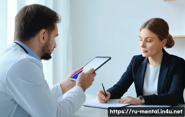 정신건강 상담사 이직 전략 - A professional clinical psychologist in a modern Russian hospital setting, wearing smart business ca...