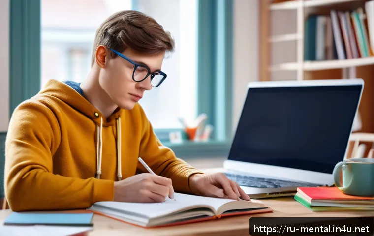 정신건강 자격증 시험 전략 - A focused young Russian adult studying at a cozy home desk with natural light, surrounded by textboo...
