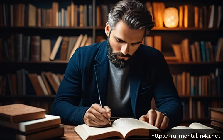정신건강 분야 이론 - A thoughtful adult man sitting in a cozy, softly lit room filled with books and psychological symbol...